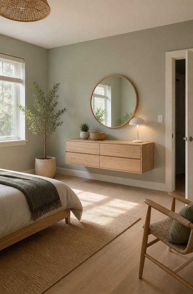 18 Bedroom Dresser Ideas for Every Style in 2026 14 Wall-mounted dresser with visible floor underneath.