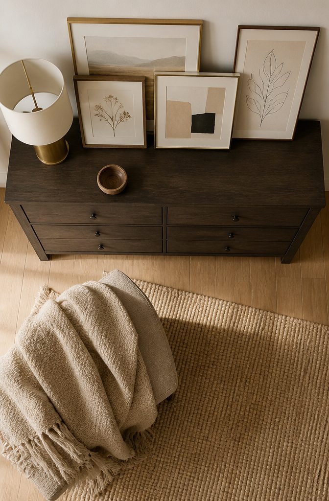 18 Bedroom Dresser Ideas for Every Style in 2026 18 Framed artwork arranged casually on top of a dresser.