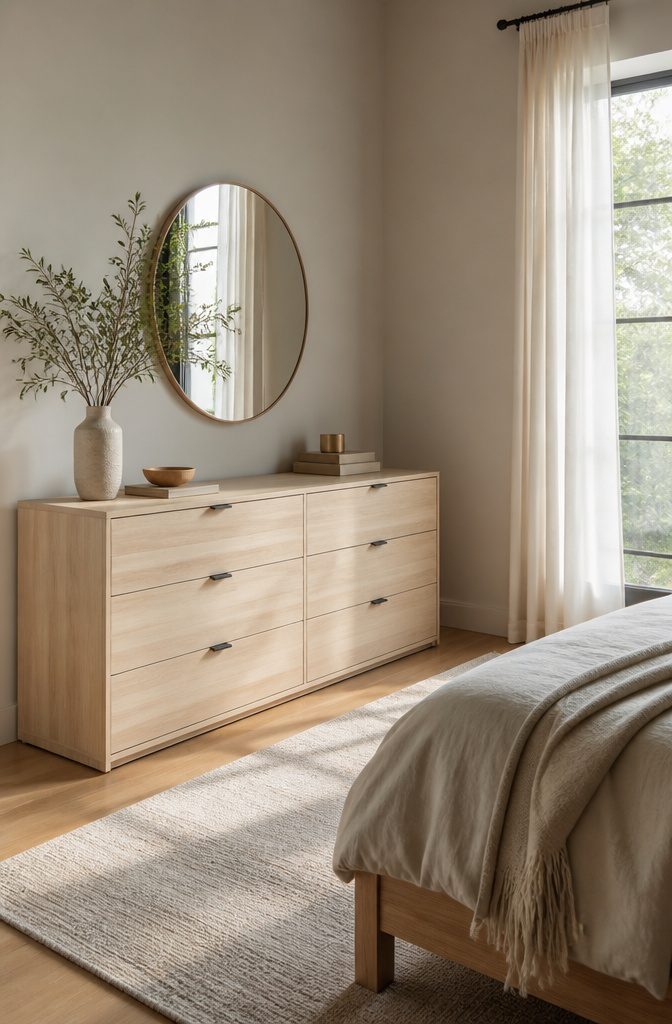 18 Bedroom Dresser Ideas for Every Style in 2026 8 Light wood dresser with a bleached oak finish in a calm setting.