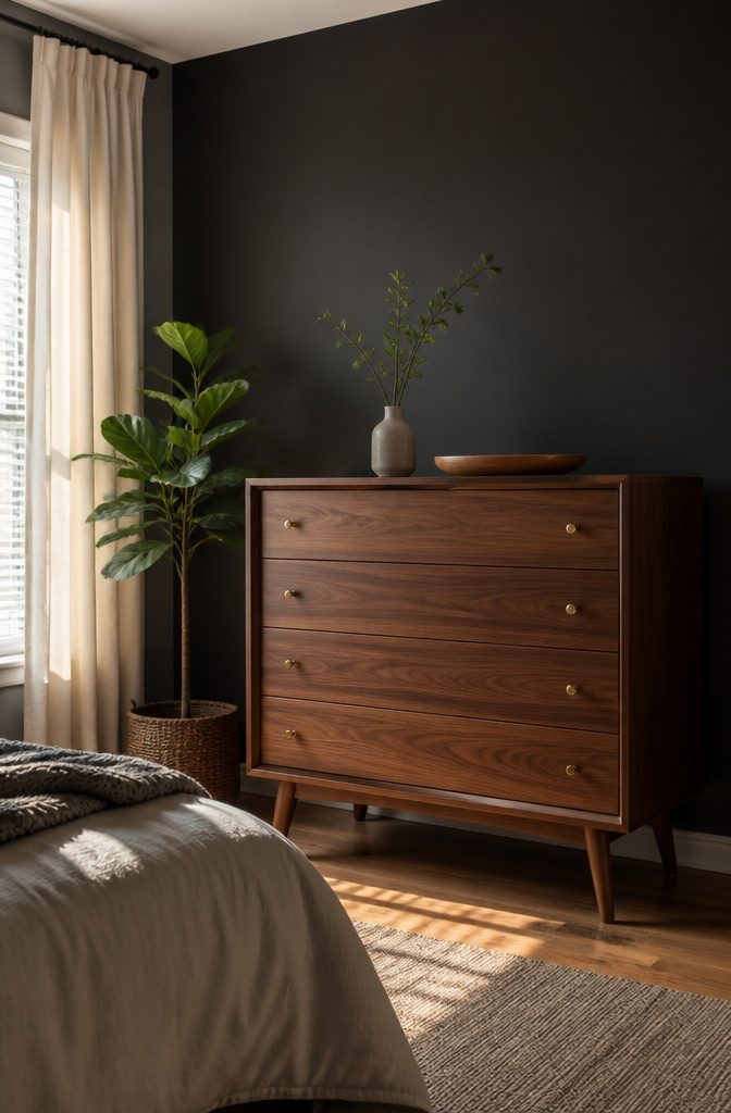 18 Bedroom Dresser Ideas for Every Style in 2026 9 Mid-century modern dresser in a thoughtfully arranged bedroom.