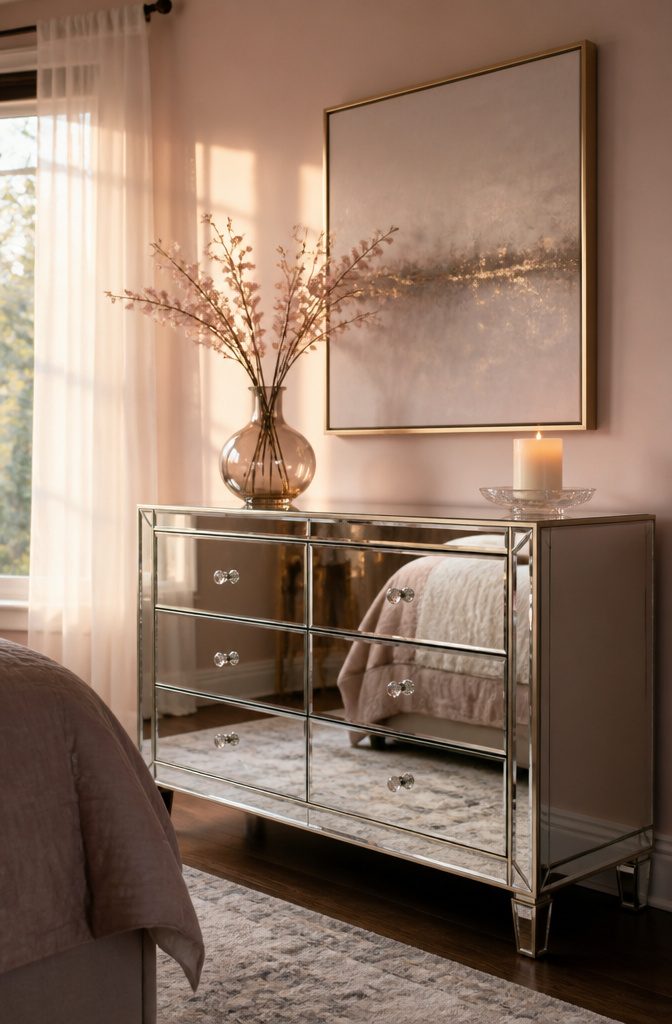 18 Bedroom Dresser Ideas for Every Style in 2026 11 Mirrored dresser in an elegantly styled bedroom.