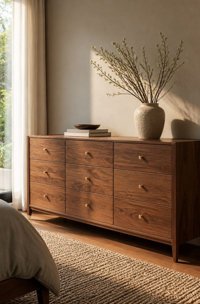 18 Bedroom Dresser Ideas for Every Style in 2026 6 Dresser showcasing walnut wood grain against a neutral wall.