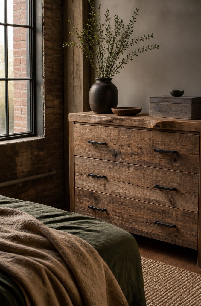 18 Bedroom Dresser Ideas for Every Style in 2026 3 Rustic dresser with visible grain in a rustic-themed bedroom.
