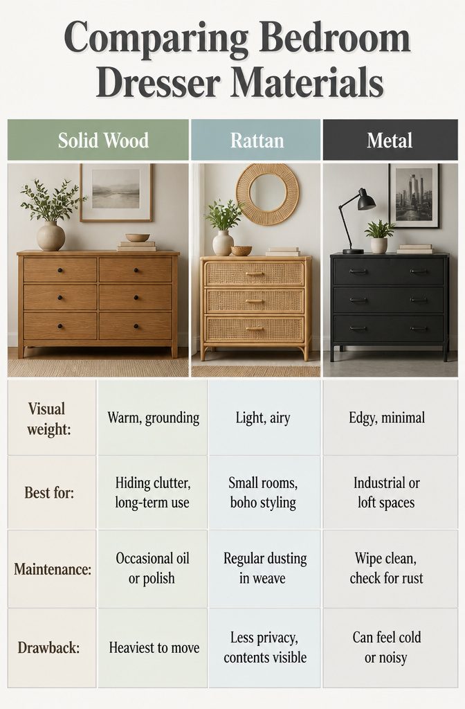 18 Bedroom Dresser Ideas for Every Style in 2026 20 Comparison image of solid wood, rattan, and metal dressers.