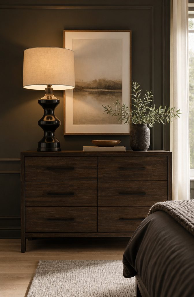 18 Bedroom Dresser Ideas for Every Style in 2026 17 Tall lamp on a dresser with decorative accessories.