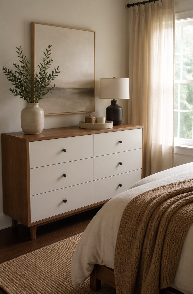 18 Bedroom Dresser Ideas for Every Style in 2026 12 Two-tone dresser with a natural wood top and white drawers.