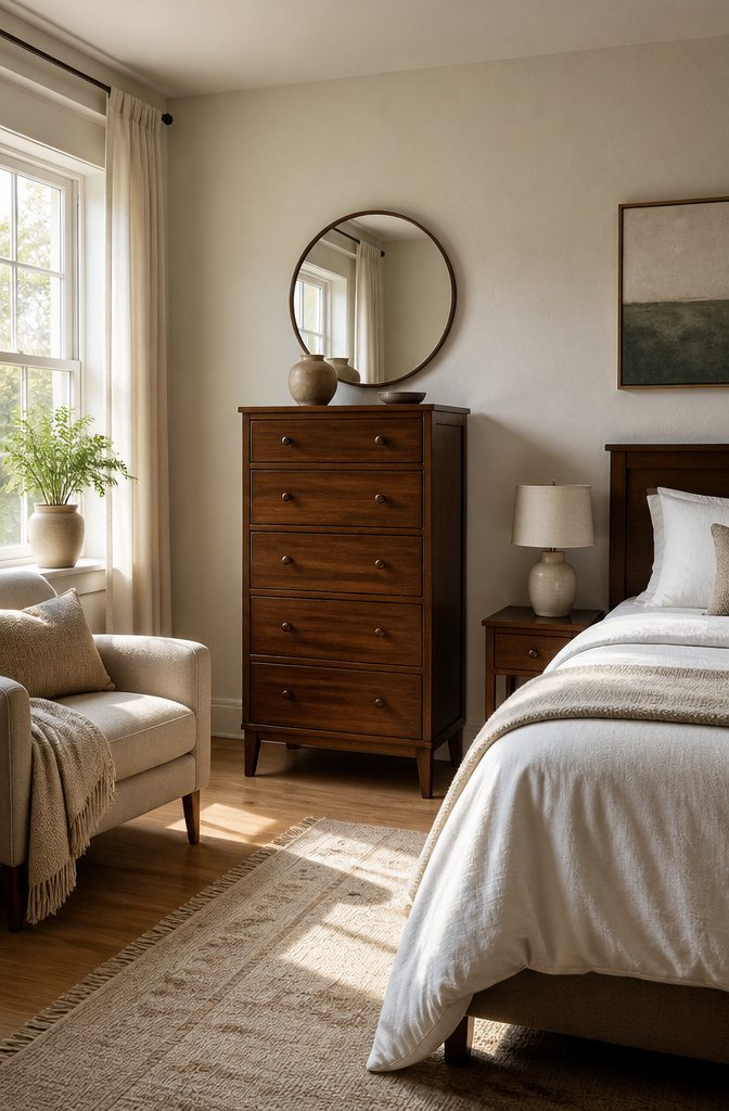 18 Bedroom Dresser Ideas for Every Style in 2026 5 Tall vertical chest dresser in a compact bedroom.