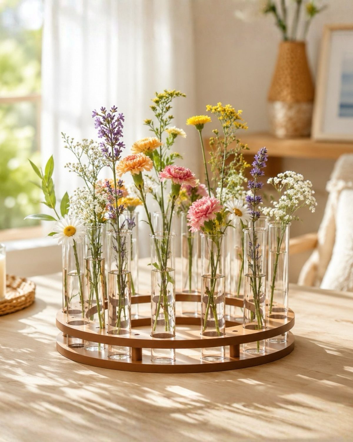 Multi-section glass vase with wooden base holding various colorful flower stems on table.