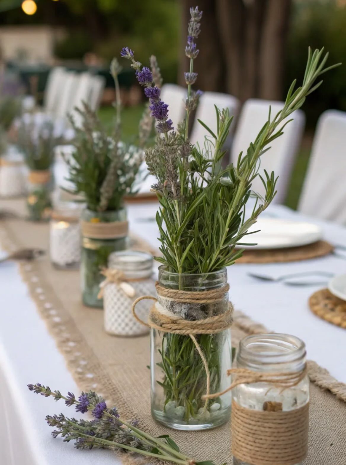 Rosemary sprigs and lavender in glass jars on a burlap table runner.