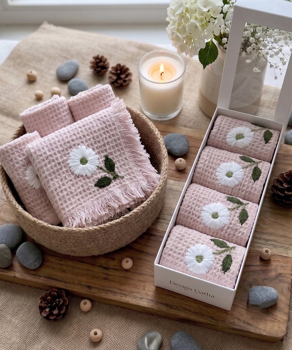 Pink embroidered kitchen towels with daisies in a basket and gift box