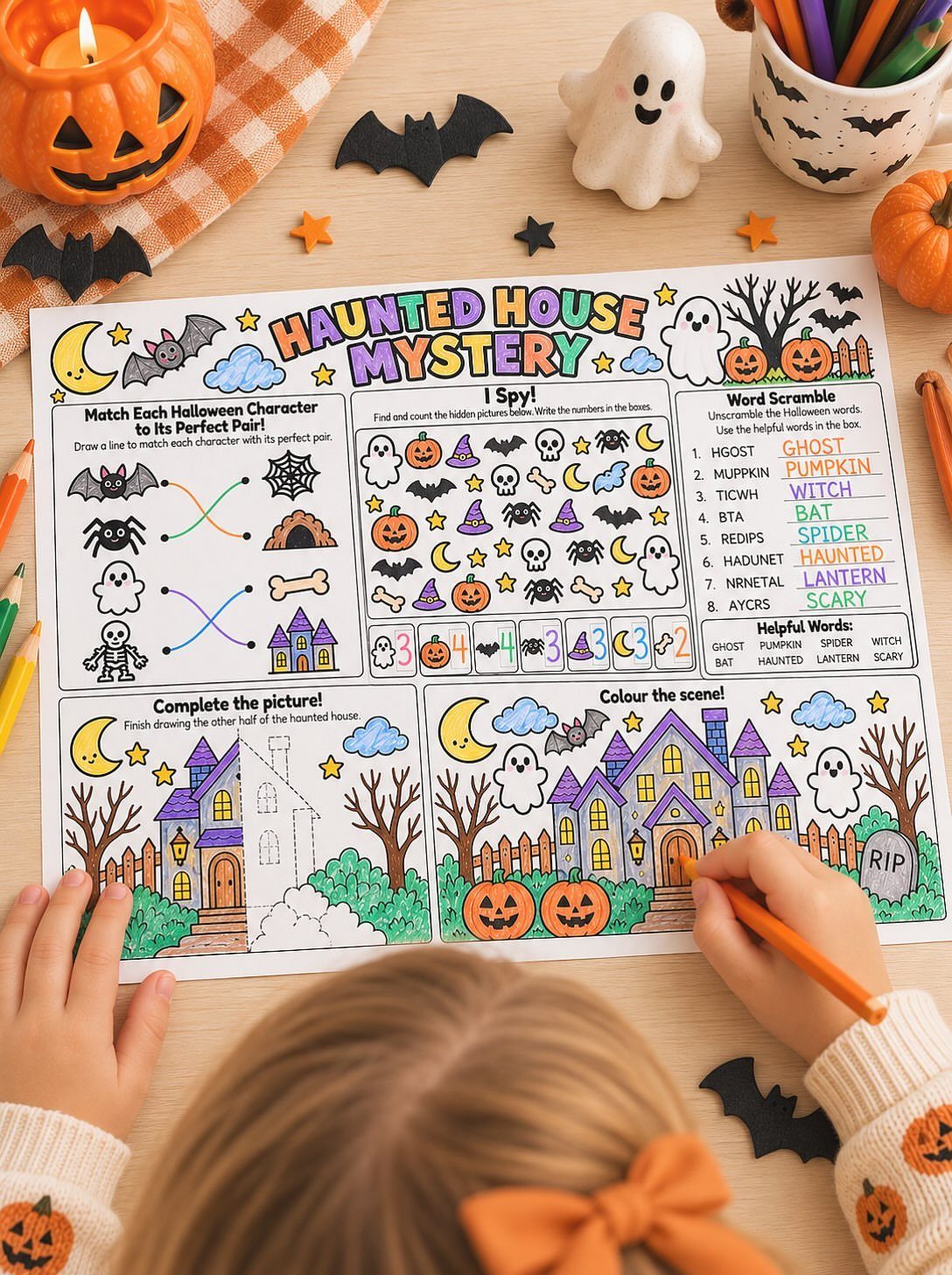 Child coloring a Halloween activity placemat with a haunted house and puzzles.