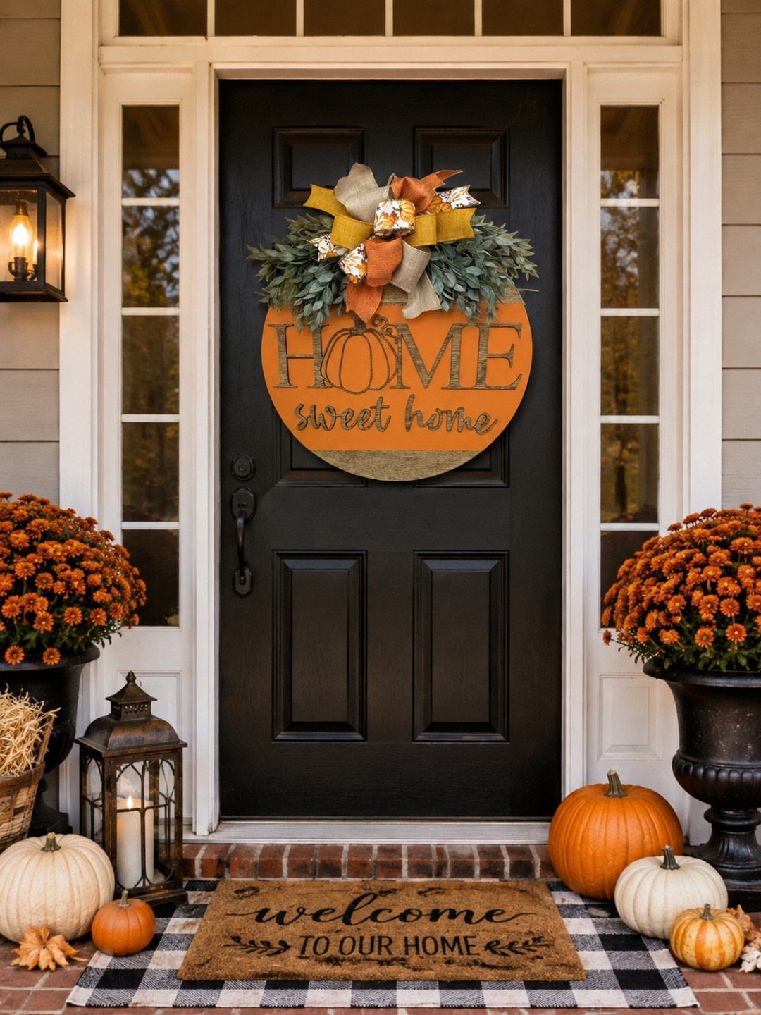 Autumn decorated black front door with a rustic home sign and pumpkins