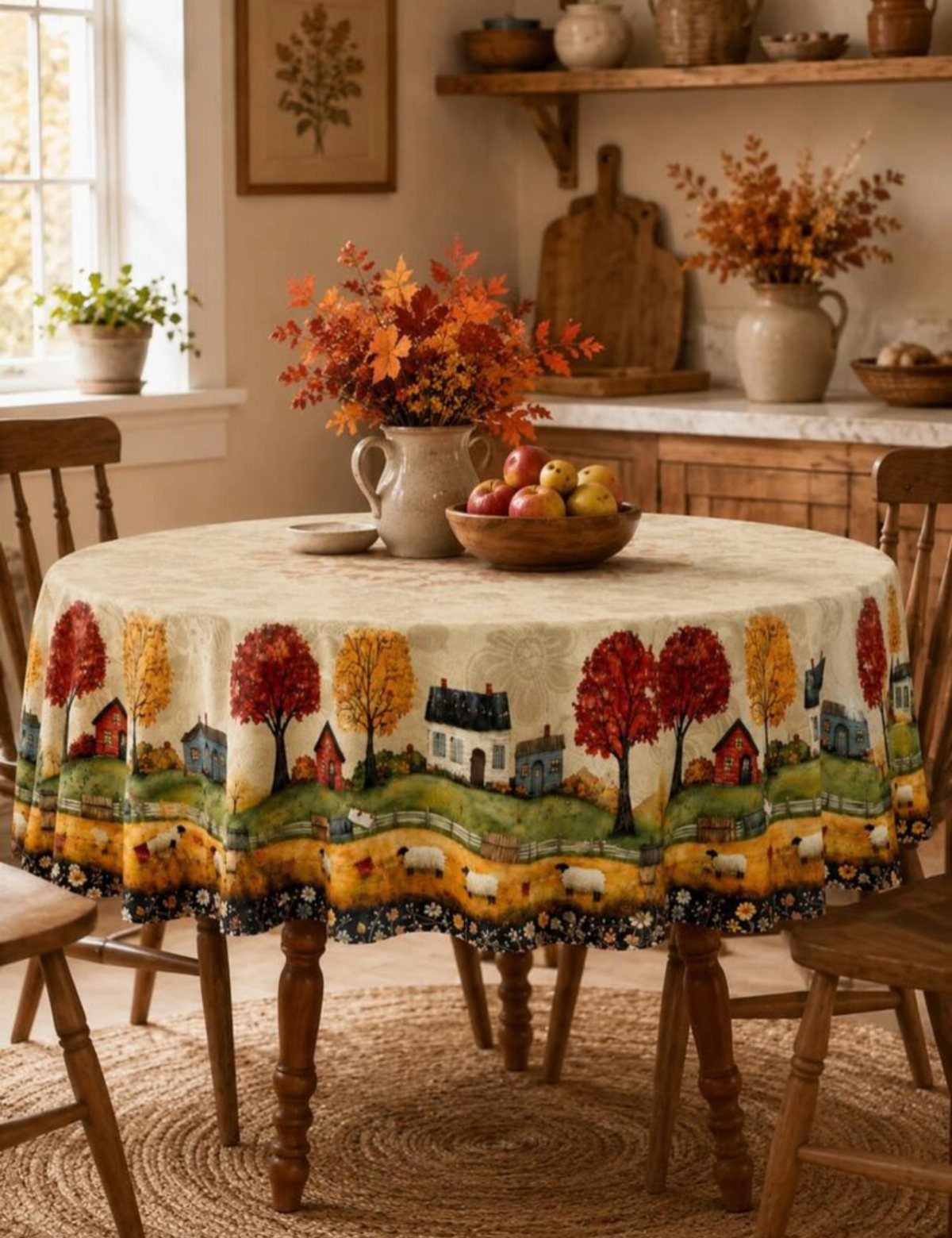 Fall tablecloth with autumn landscape scene on a round wooden dining table.