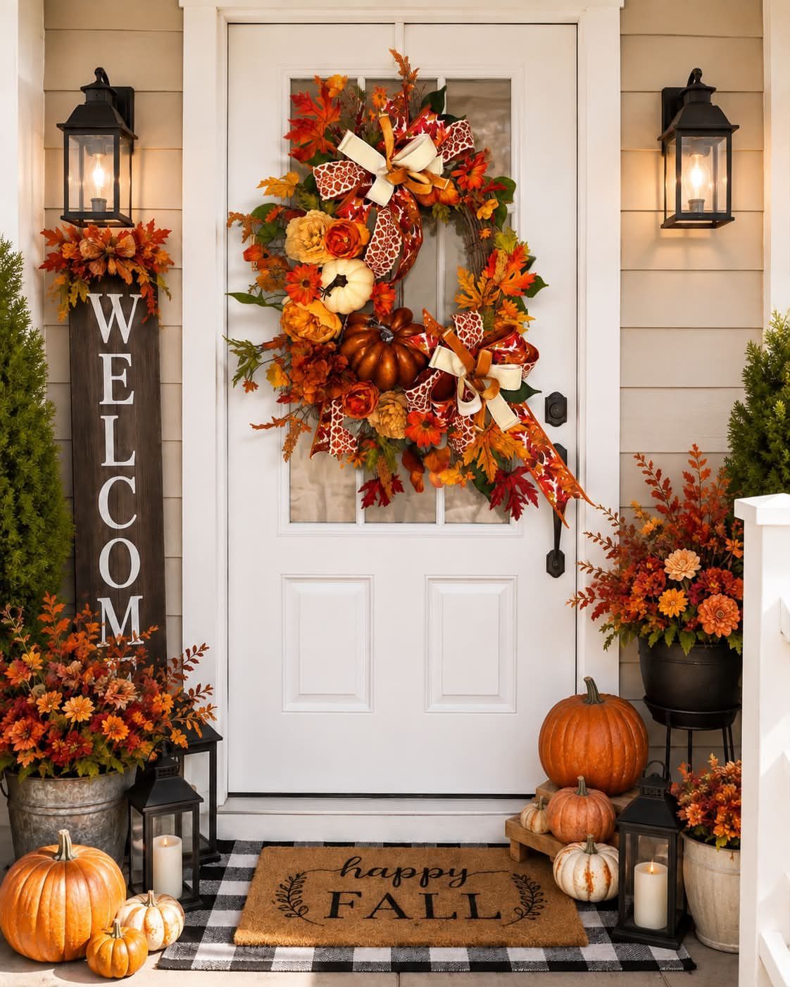 Autumn wreath with pumpkins and leaves on a white front door porch setup