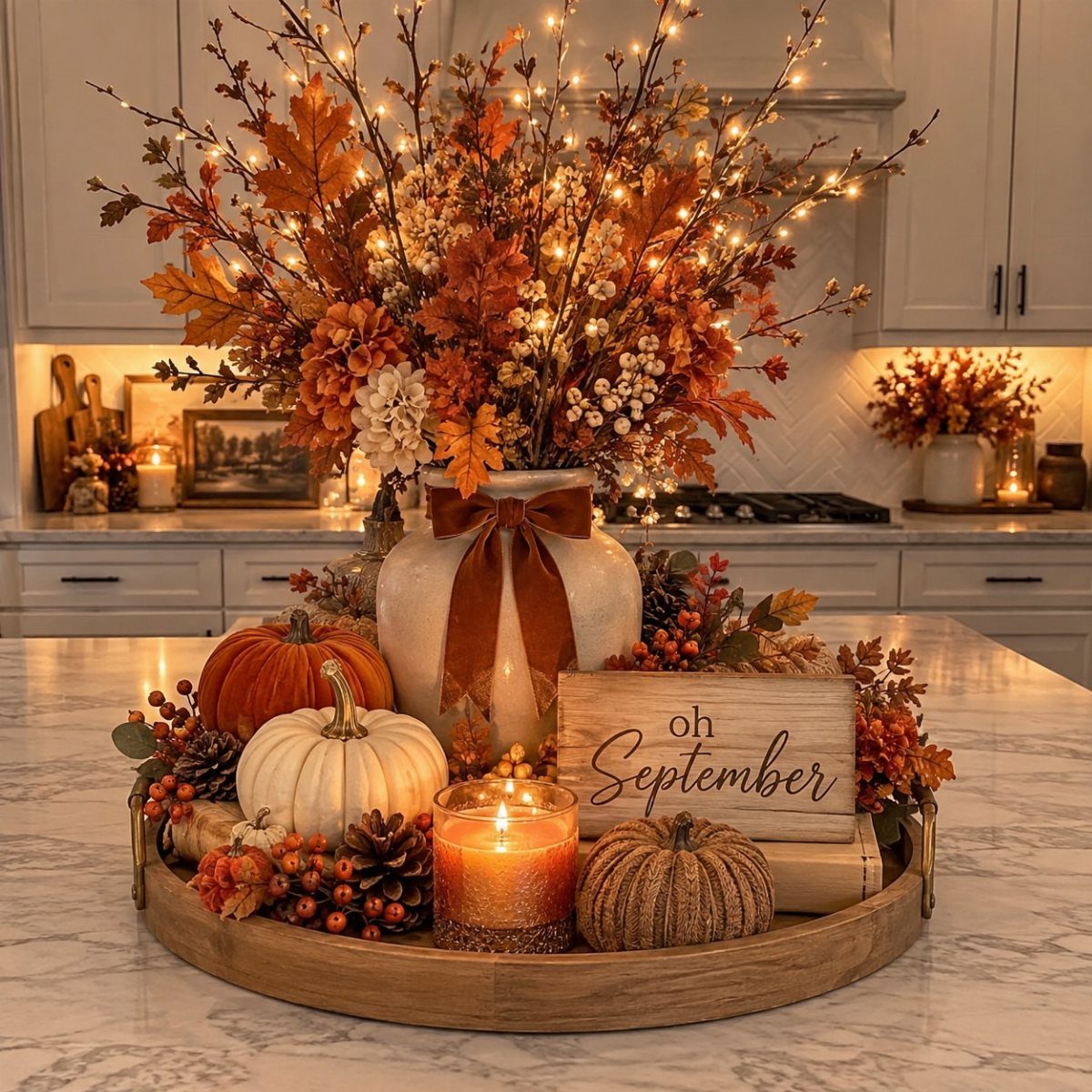 Autumn centerpiece with pumpkins, orange leaves, and a September sign on a wooden tray.