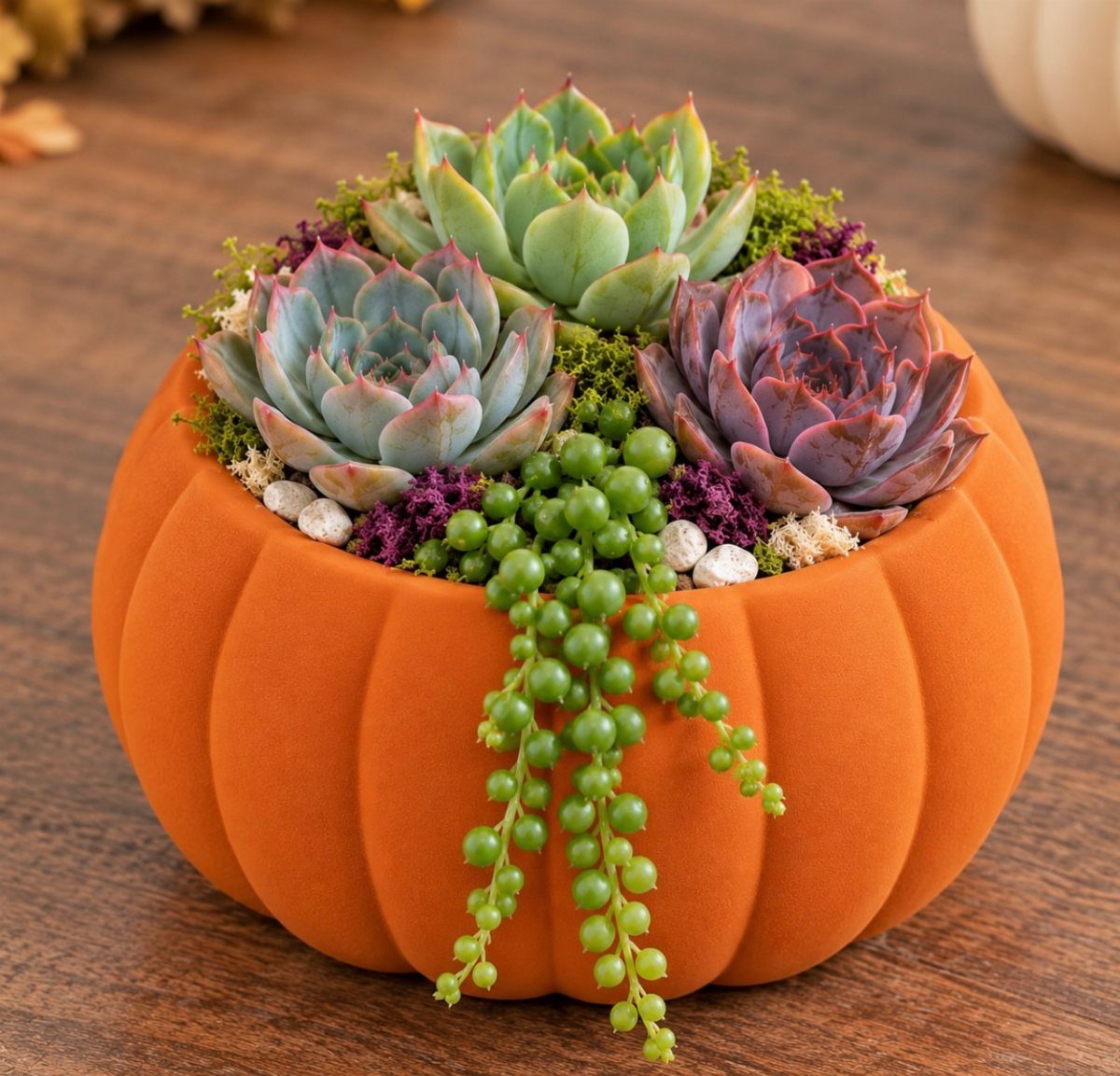 Pumpkin-shaped planter containing a variety of colorful succulents on a wooden table.