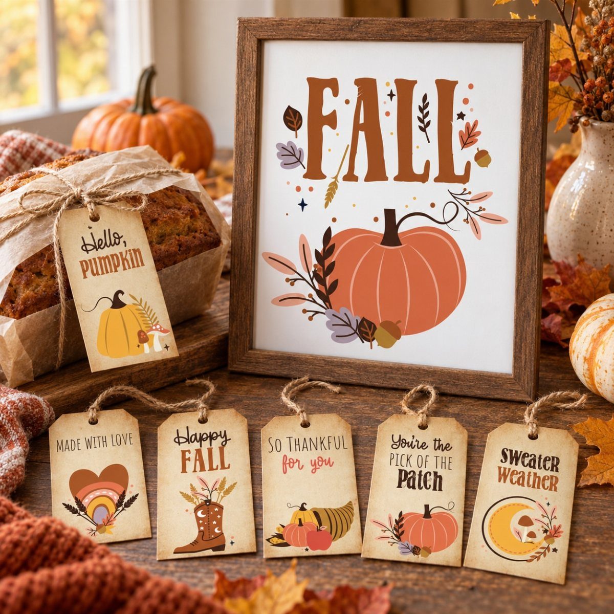Framed fall sign and autumn gift tags arranged with pumpkins and bread on wood.