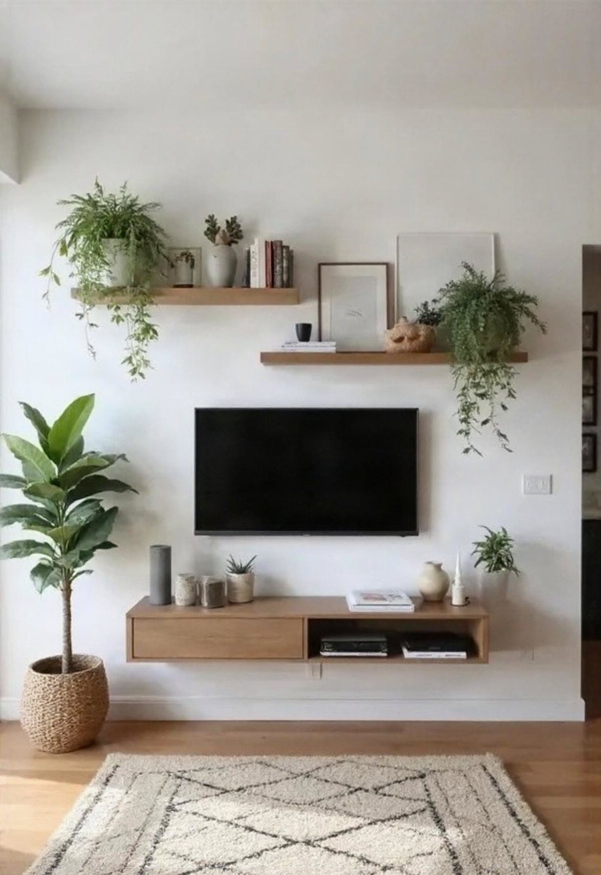 Floating Shelf Under TV Ideas: 31 Styles for Living Rooms 4 Asymmetric wooden floating shelves and a console surrounding a wall-mounted television.
