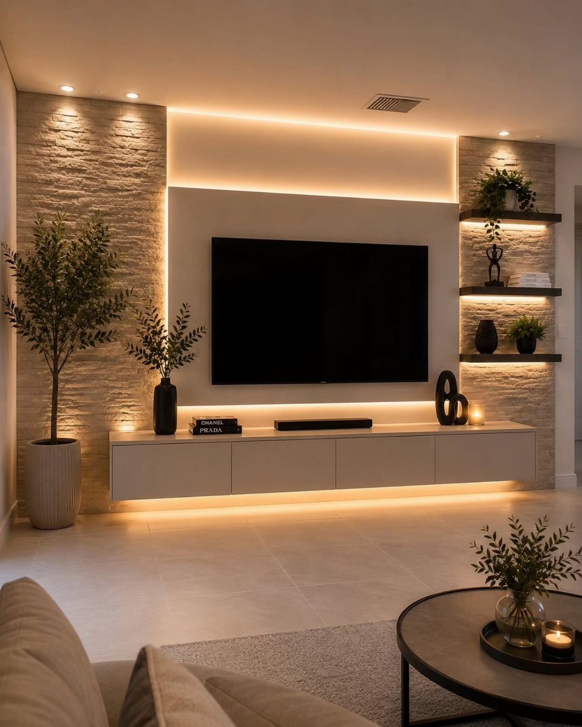 Floating Shelf Under TV Ideas: 31 Styles for Living Rooms 28 Wall-mounted TV with a white floating console and warm orange LED backlighting.