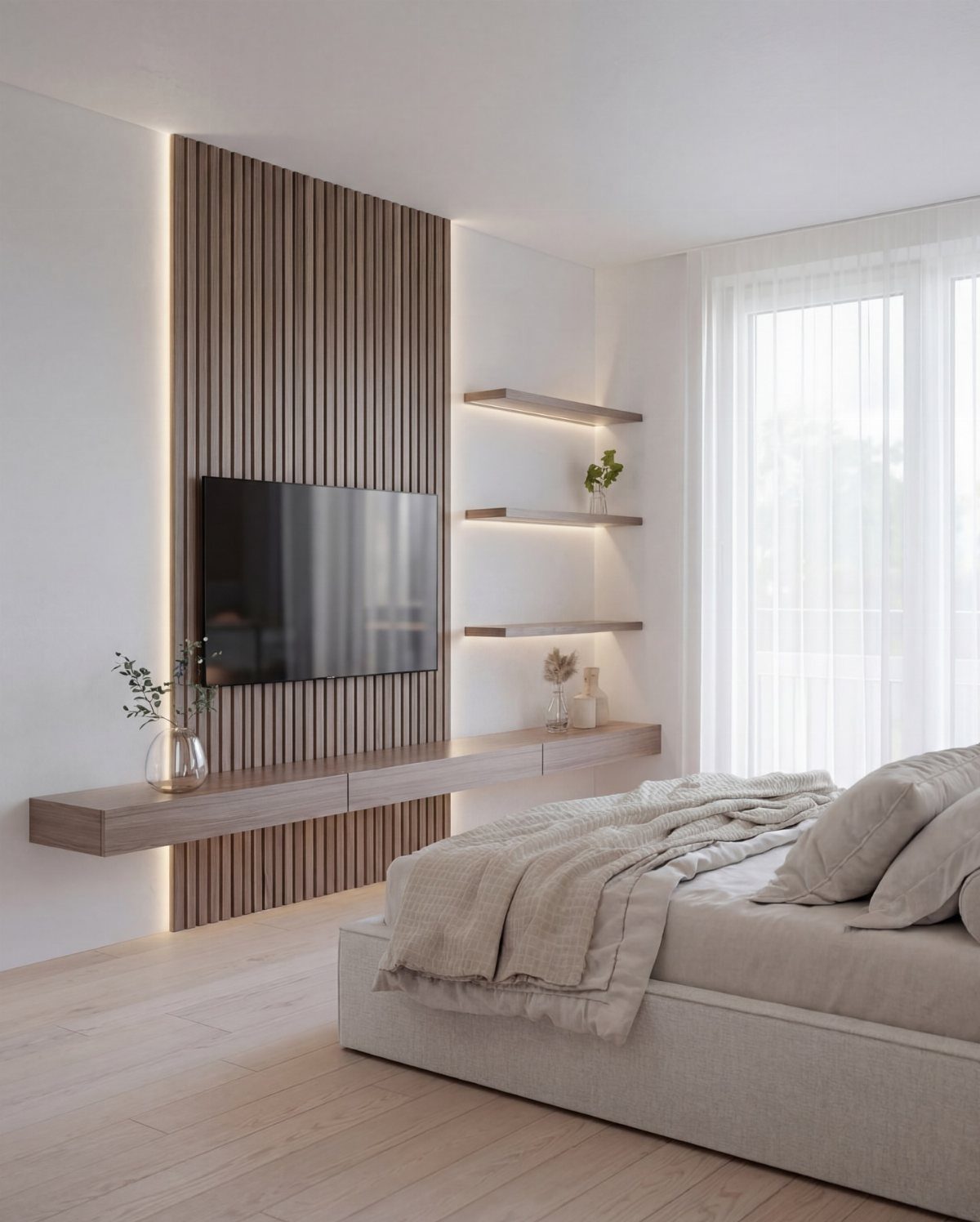 Floating Shelf Under TV Ideas: 31 Styles for Living Rooms 6 Bedroom with a wall-mounted TV and a long light-wood floating shelf above a bed
