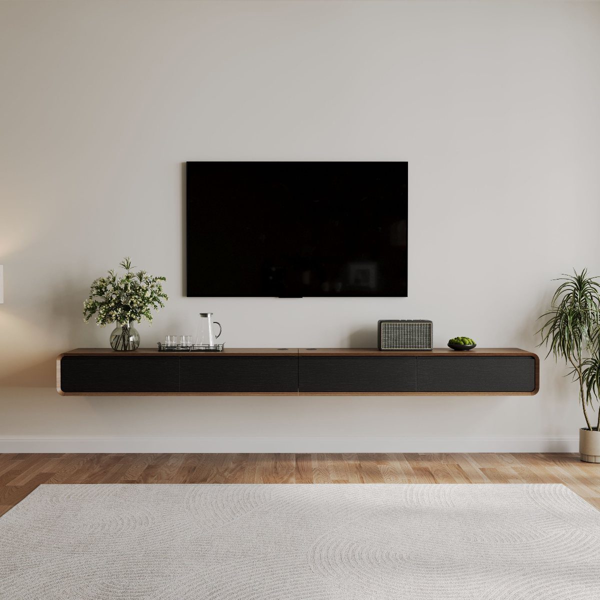 Floating Shelf Under TV Ideas: 31 Styles for Living Rooms 9 Black floating console with wood trim mounted under a large flat-screen television.
