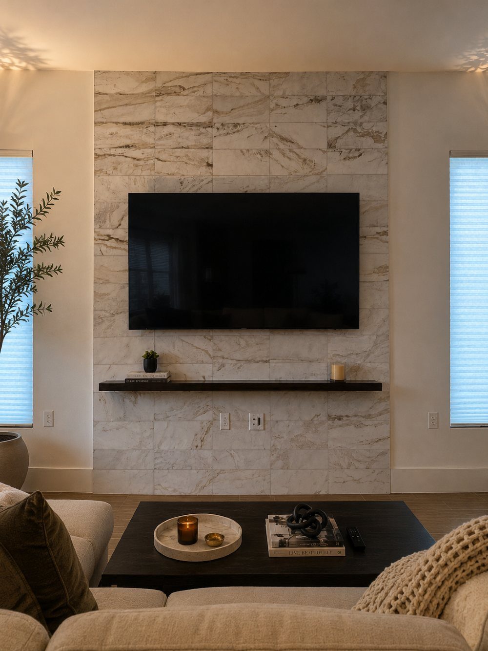Floating Shelf Under TV Ideas: 31 Styles for Living Rooms 17 Black floating shelf mounted on a white marble wall under a large television.