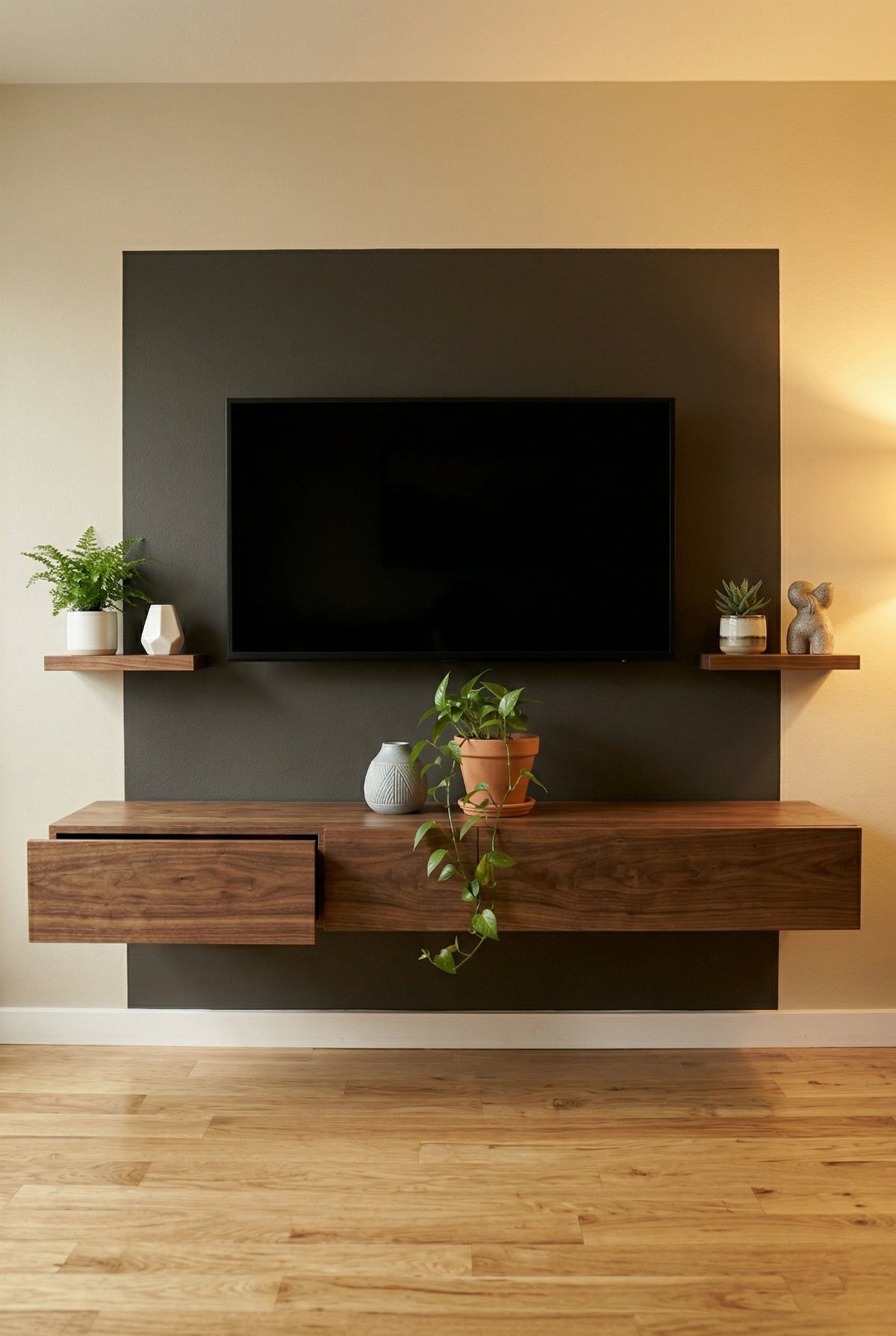 Floating Shelf Under TV Ideas: 31 Styles for Living Rooms 7 Dark walnut floating console under a TV on a grey accent wall.