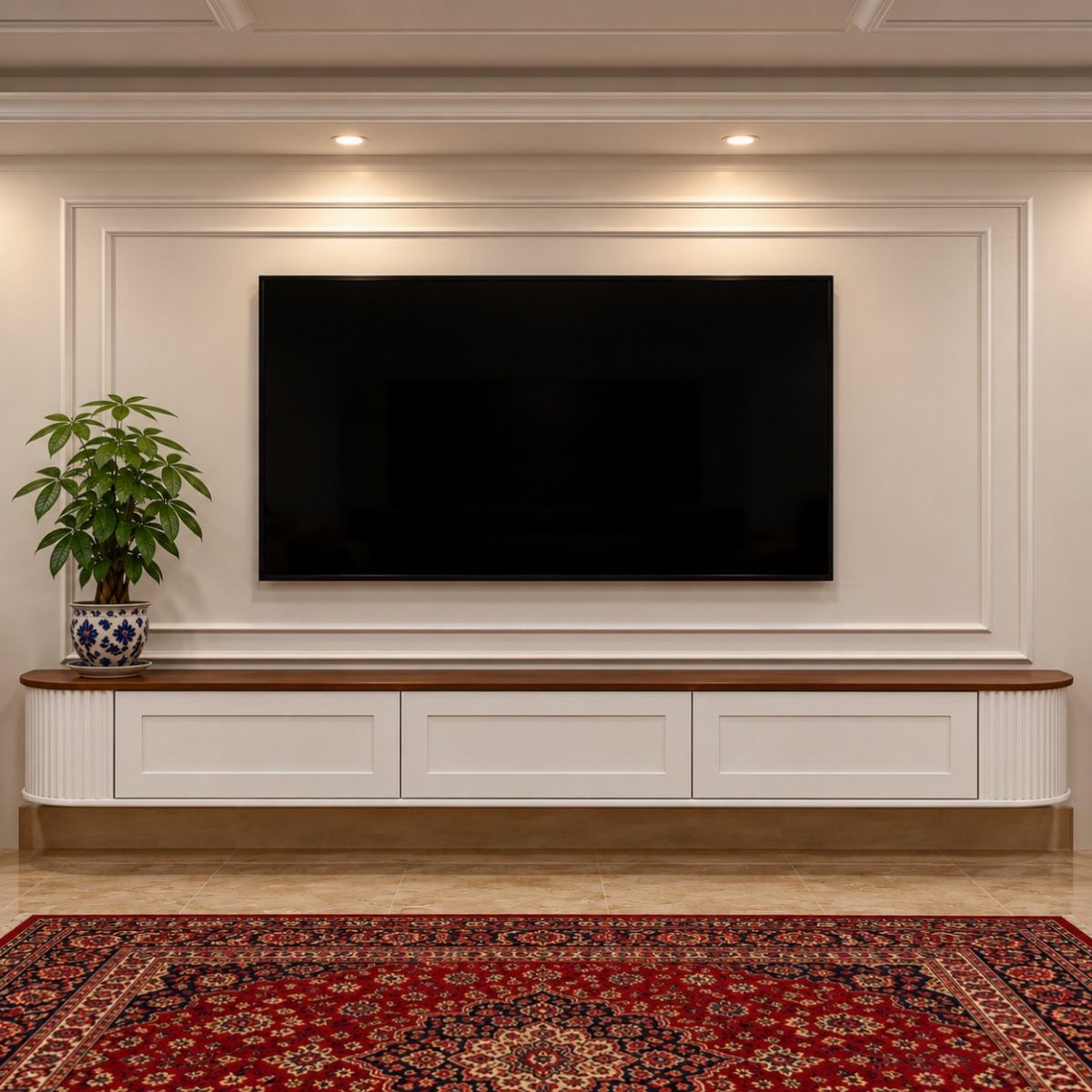 Floating Shelf Under TV Ideas: 31 Styles for Living Rooms 30 White floating cabinet with drawers and wooden top under a wall-mounted television.