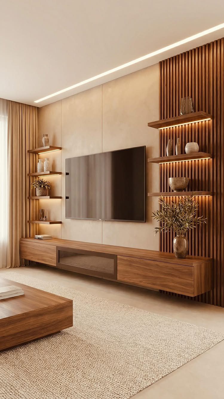 Floating Shelf Under TV Ideas: 31 Styles for Living Rooms 22 Wooden floating shelf under a wall-mounted television in a modern living room.