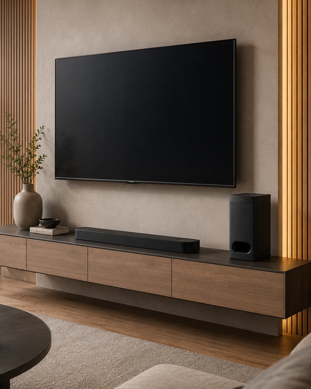 Floating Shelf Under TV Ideas: 31 Styles for Living Rooms 15 Floating wooden TV console with a black soundbar and speaker under a television.