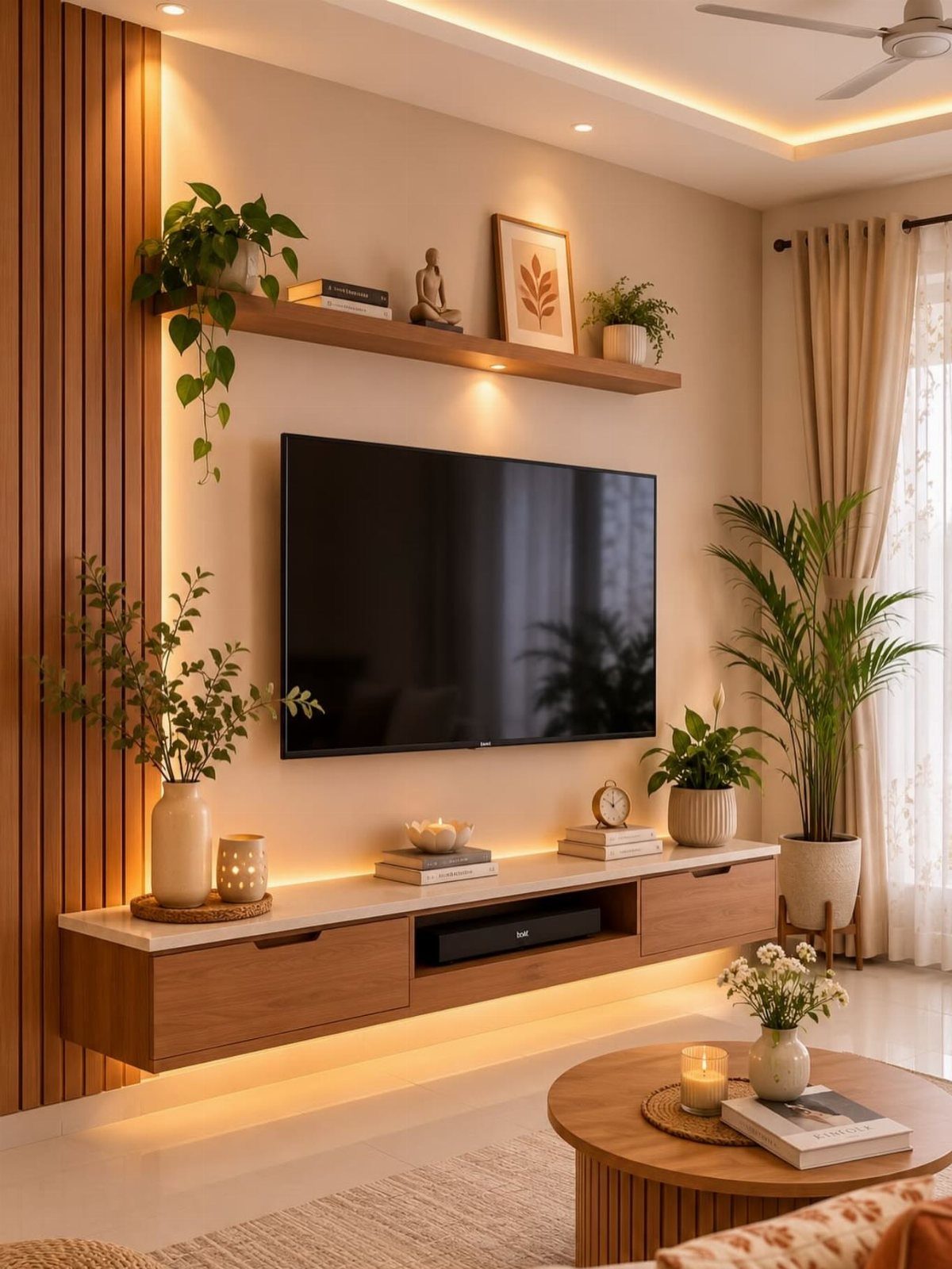 Floating Shelf Under TV Ideas: 31 Styles for Living Rooms 24 Floating wooden TV console with white top and under-cabinet lighting in a modern room.