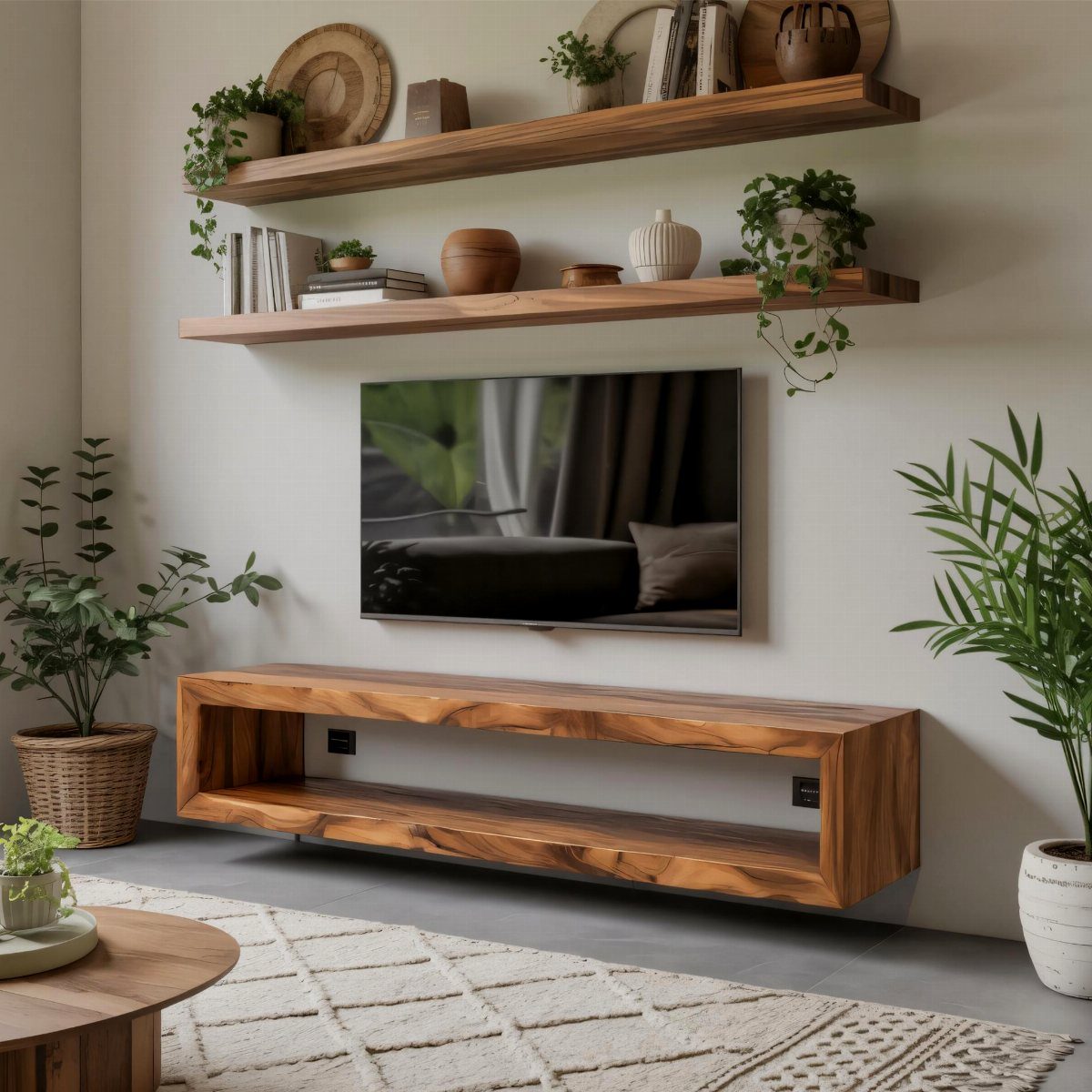 Floating Shelf Under TV Ideas: 31 Styles for Living Rooms 12 Wall-mounted TV with two wooden shelves above and a hollow-frame floating shelf below.