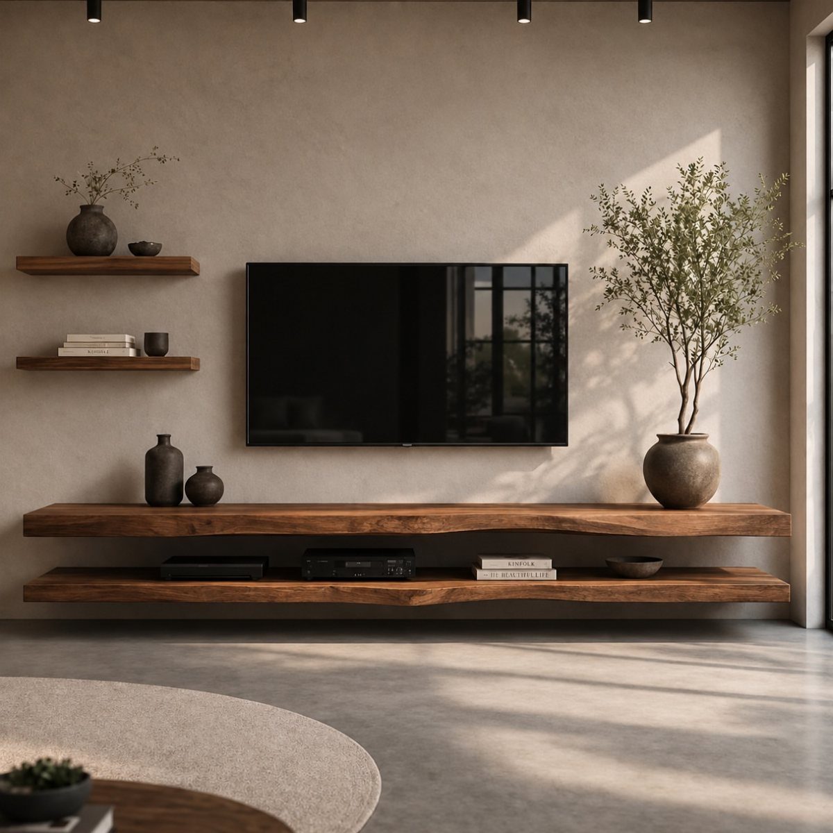 Floating Shelf Under TV Ideas: 31 Styles for Living Rooms 3 Live-edge wooden floating shelves under a wall-mounted TV in a minimalist living room.