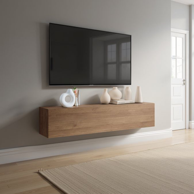Floating Shelf Under TV Ideas: 31 Styles for Living Rooms 11 Natural oak floating shelf under a wall-mounted TV with white ceramic vases.