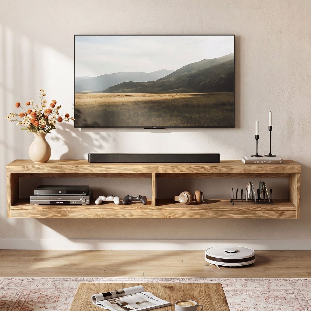 Floating Shelf Under TV Ideas: 31 Styles for Living Rooms 31 Light wood floating TV stand with open cubbies under a wall-mounted television.