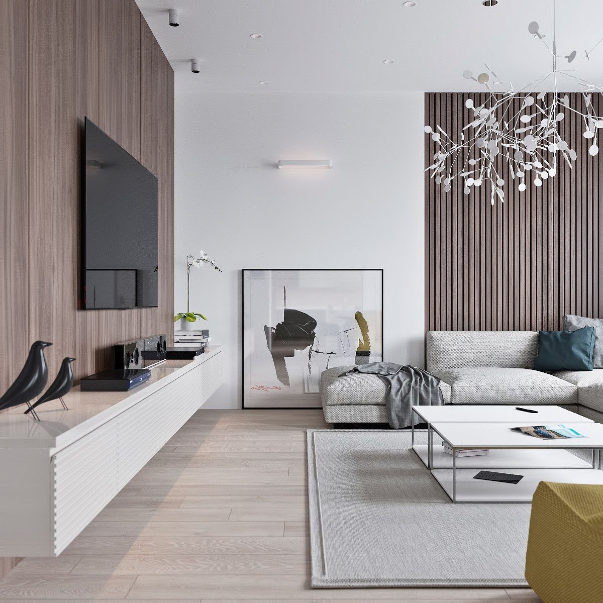 Floating Shelf Under TV Ideas: 31 Styles for Living Rooms 29 White ribbed floating console under a wall-mounted TV on a wood slat wall.