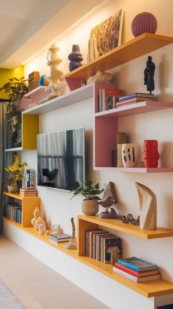 Floating Shelf Under TV Ideas: 31 Styles for Living Rooms 13 Colorful floating shelves with books and decor surrounding a wall-mounted television.