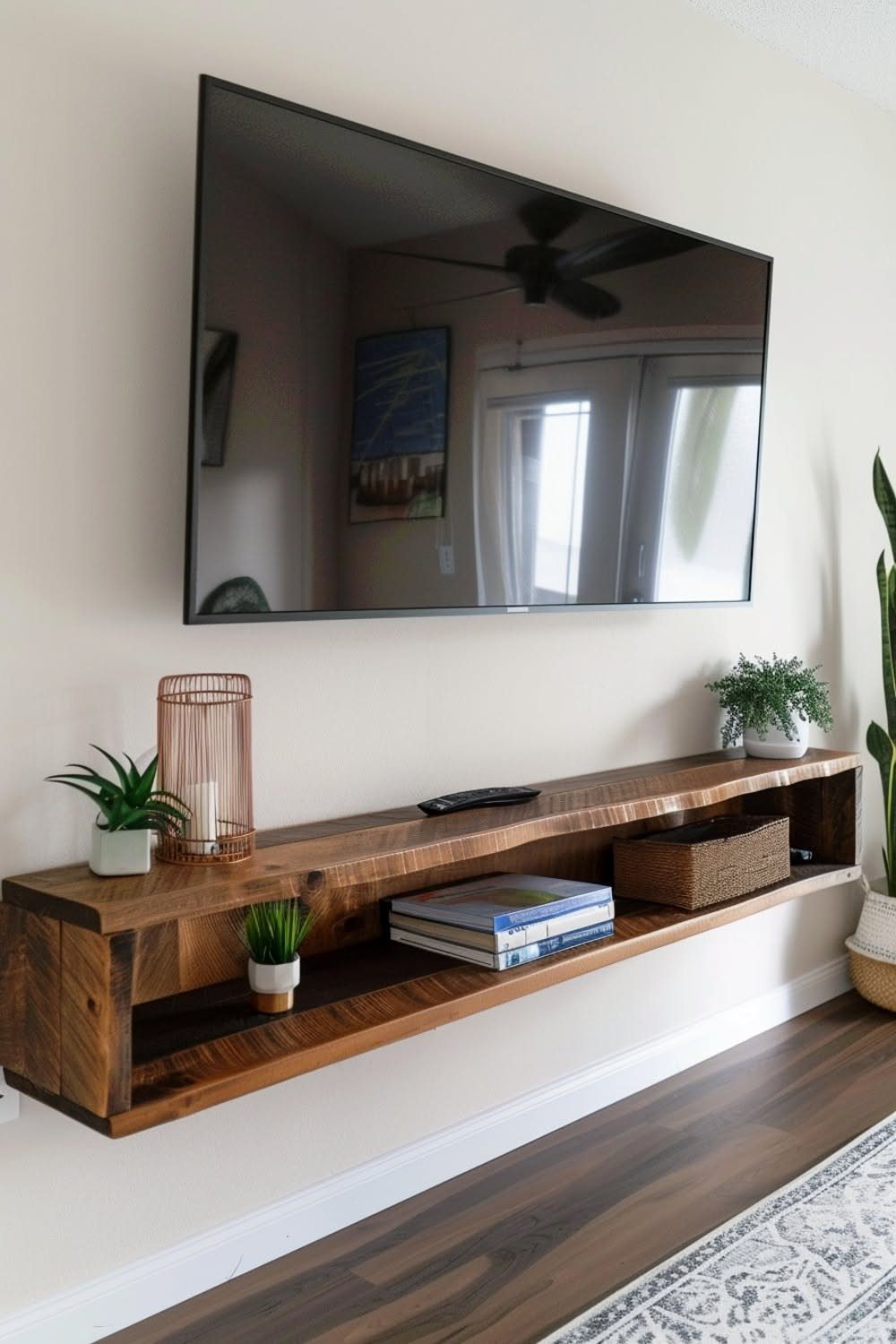 Floating Shelf Under TV Ideas: 31 Styles for Living Rooms 14 Natural wood floating shelf under a TV featuring potted plants and books.