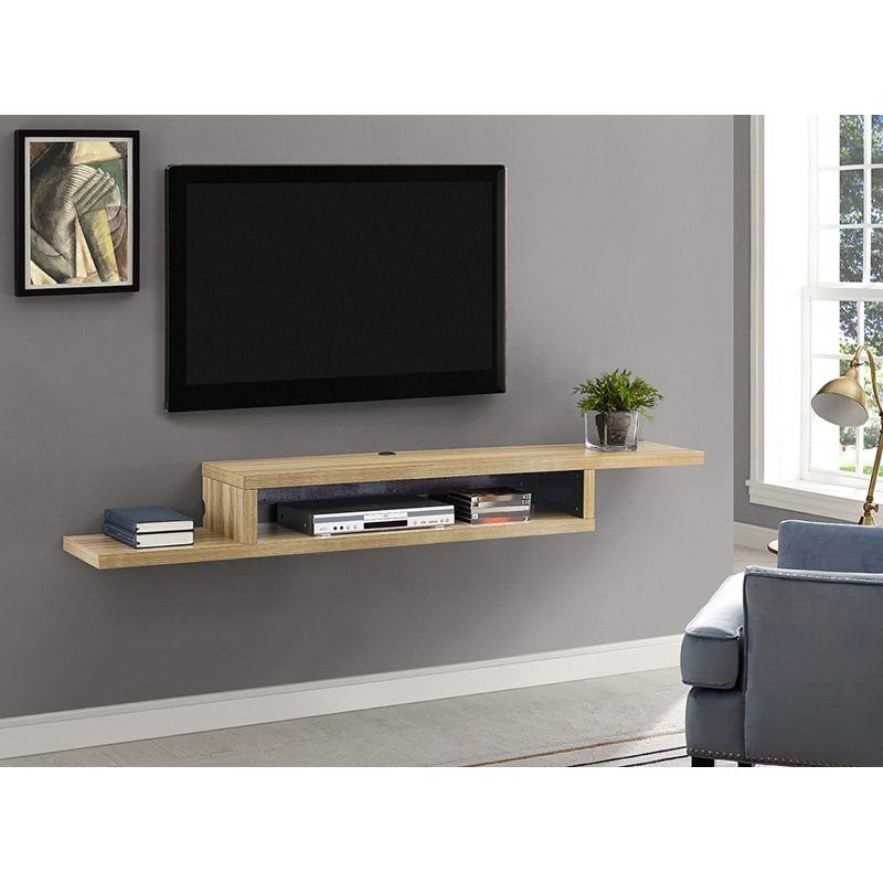Floating Shelf Under TV Ideas: 31 Styles for Living Rooms 18 Light wood floating shelf under a black TV on a grey wall.