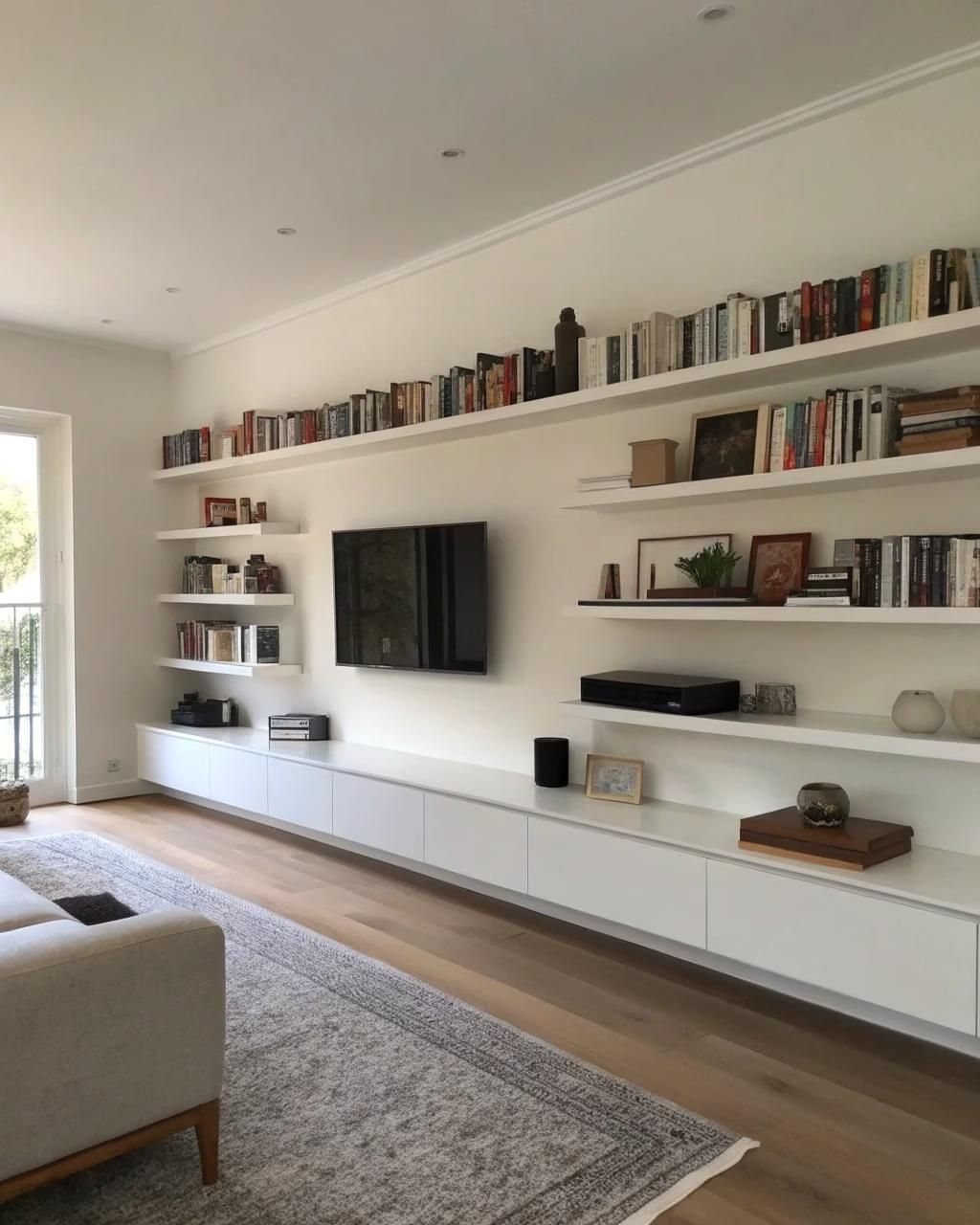 Floating Shelf Under TV Ideas: 31 Styles for Living Rooms 5 White floating shelves at different heights surrounding a wall-mounted TV in a living room.