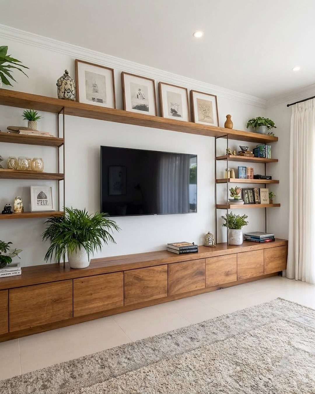 Floating Shelf Under TV Ideas: 31 Styles for Living Rooms 21 Wooden floating shelf under a wall-mounted TV with plants and decorative books.