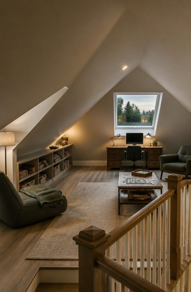 Converted attic game room with sloped ceiling, built-in storage, and warm lighting