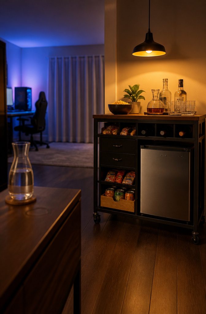 Game room snack cart with shelves and bottle holders beside the seating area