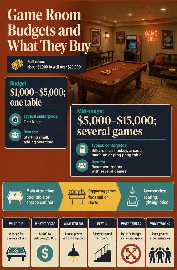 Game room budget chart with price tiers, centerpiece examples, and best uses