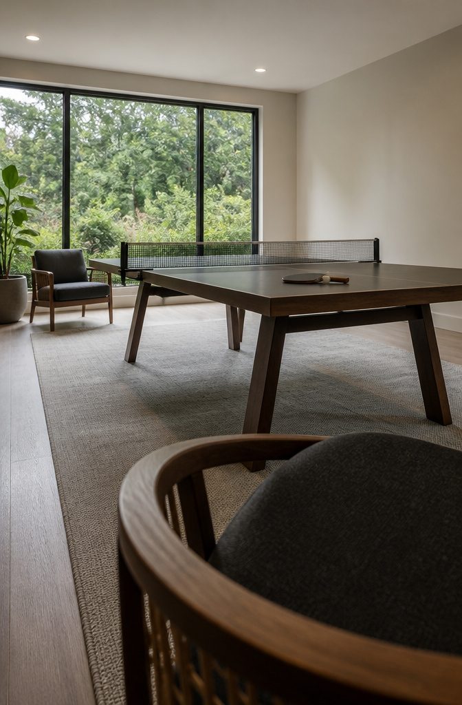 Game room with a sleek ping pong table and seating arranged around it