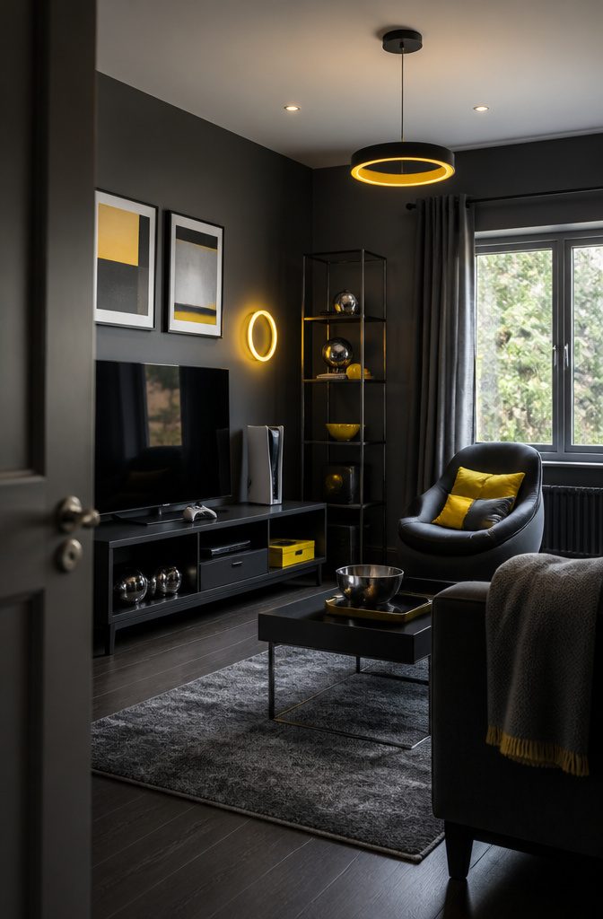 Home gaming room with charcoal walls, chrome details, and neon-yellow lighting accents