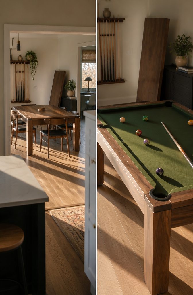 Convertible table set up for pool, with a removable dining surface nearby