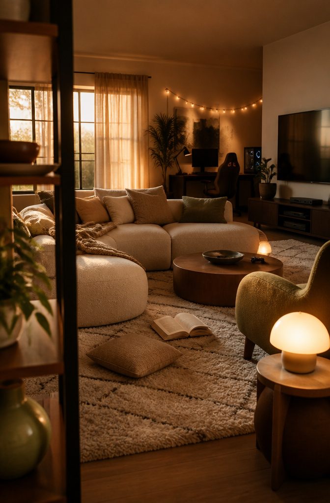 Gaming lounge with a plush sectional, fluffy pillows, a rug, and string lights
