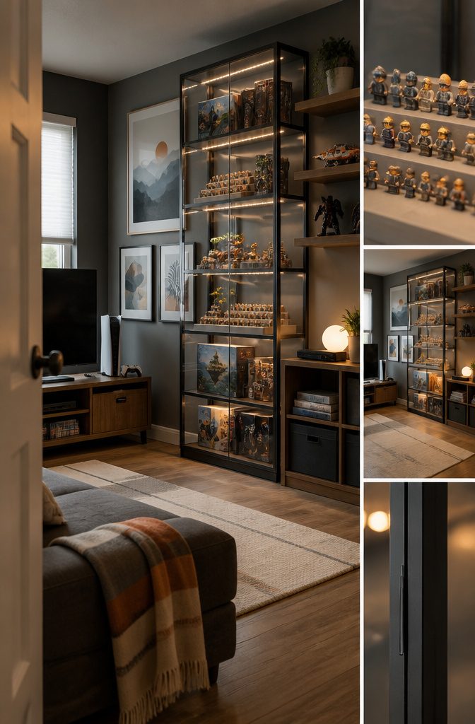 Collectible figures on illuminated shelves beneath framed gaming posters