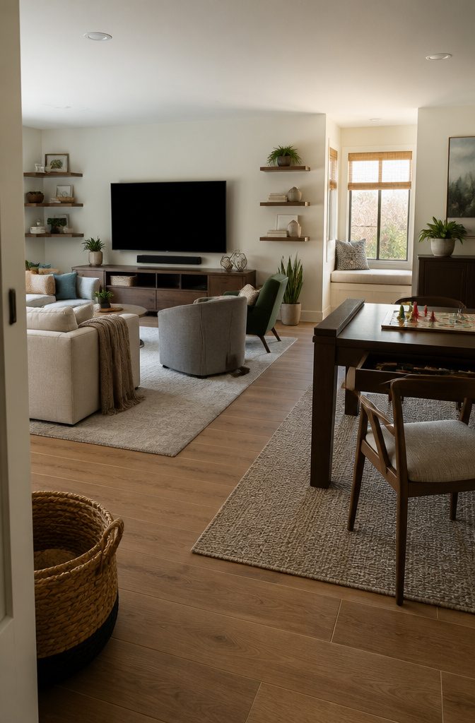 Family game room with sectional, board-game table, credenza, and open walkways